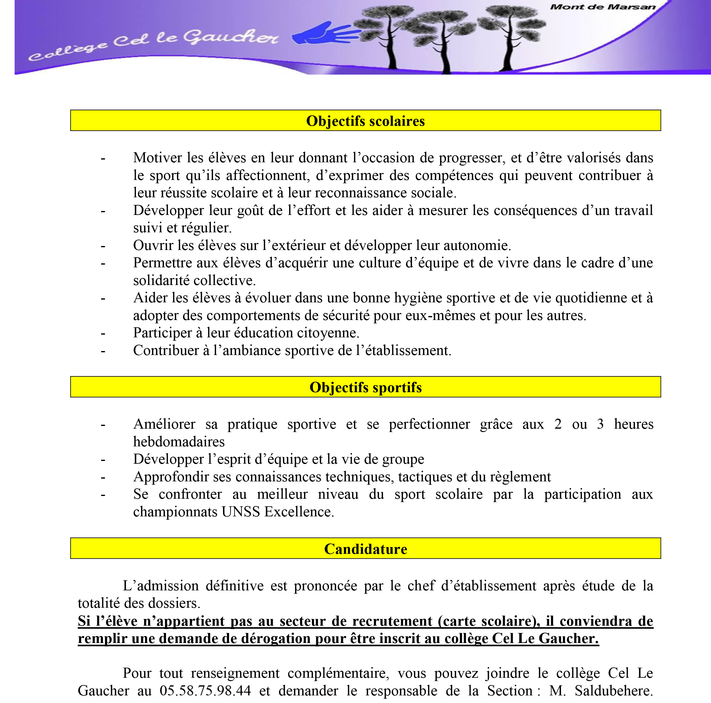 Dossier de candidature - Section Sportive - Collège Cel Le ...
