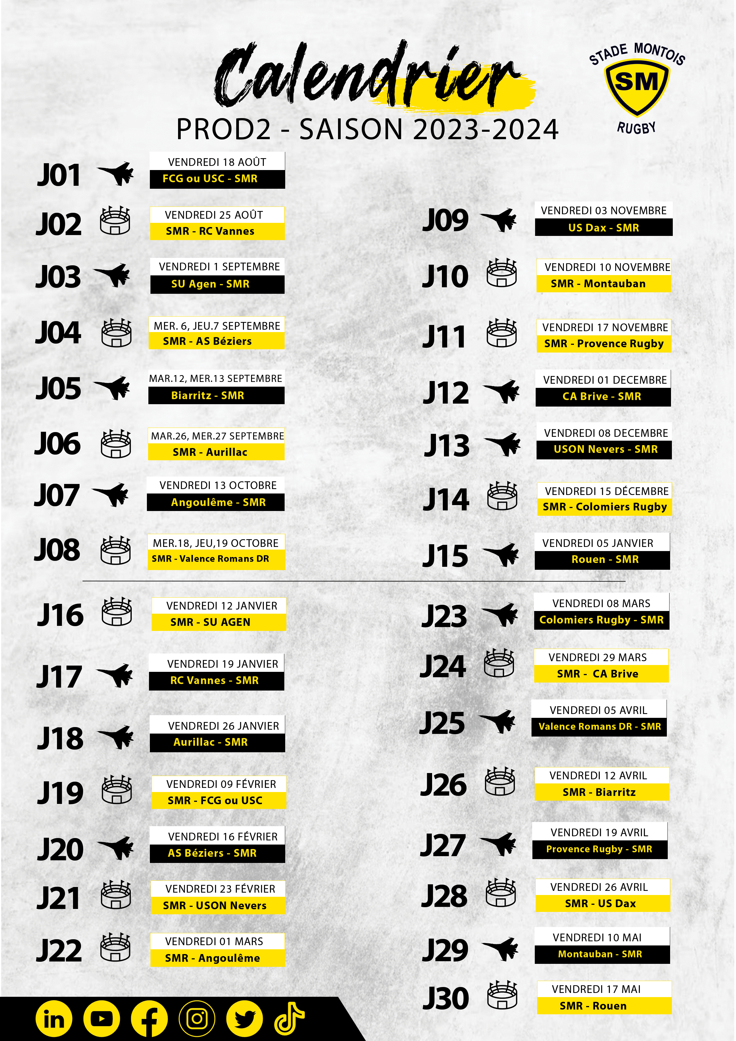 Calendrier de la saison 2023 - 2024 - Stade Montois Rugby - Landes